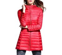 ZDJSWJ Mujeres largo ligero acolchado abajo cremallera hasta la capucha con bolsillos abrigos tampón Plus tamaño cálido algodón abrigos tampón, rojo, L