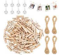 ZDNT 200 pinzas para la ropa de madera de 3,5 cm, clips para fotos, arpillera, cuerda de 40 m y clavos 40, para artesanía, arte, bricolaje, decoración, boda, fiesta
