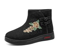 ZDOUXUAN Botas de nieve bordadas for mujer, botines de invierno con forro de piel y flores, antideslizantes y cálidos for caminar.(Black,38 EU)