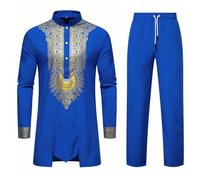 ZDSUHYIW Conjunto Africano Dashiki de Dos Piezas para Hombres - Traje Tribal Tradicional Musulmán Árabe con Camisa y Pantalones de Manga Larga - Vestimenta Islámica de Medio Oriente, Azul, S