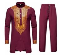 ZDSUHYIW Conjunto Africano Dashiki de Dos Piezas para Hombres - Traje Tribal Tradicional Musulmán Árabe con Camisa y Pantalones de Manga Larga - Ropa Islámica de Medio Oriente, Rojo, L