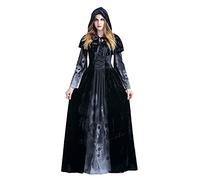 ZDSUHYIW Disfraz de bruja para mujer, vestido medieval con esqueleto de Halloween, vestido midi retro con capucha, horror, vestido largo de vampiro para cosplay y mascarada, carnaval, brujas, túnica
