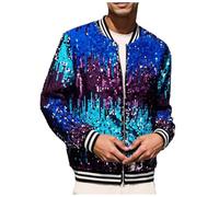 ZDSUHYIW Disfraz de discoteca para hombre con lentejuelas, chaqueta bomber arcoíris metálica, chaqueta de club nocturno, corte ajustado, informal, con cremallera, chaqueta de entretiempo, chaqueta con