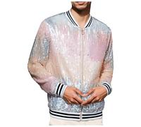 ZDSUHYIW Disfraz de discoteca para hombre con lentejuelas, chaqueta bomber arcoíris metálica, chaqueta de club nocturno, corte ajustado, informal, con cremallera, chaqueta de entretiempo, chaqueta con