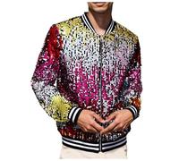 ZDSUHYIW Disfraz de discoteca para hombre con lentejuelas, chaqueta bomber arcoíris metálica, chaqueta de club nocturno, corte ajustado, informal, con cremallera, chaqueta de entretiempo, chaqueta con