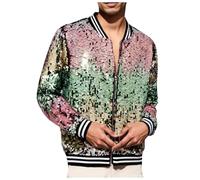 ZDSUHYIW Disfraz de discoteca para hombre con lentejuelas, chaqueta bomber arcoíris metálica, chaqueta de club nocturno, corte ajustado, informal, con cremallera, chaqueta de entretiempo, chaqueta con