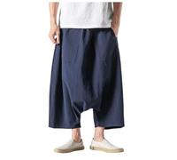 ZDSUHYIW Pantalones de lino cortos para hombre, pantalones de farol, kimono japonés, informales, holgados, holgados, para el tiempo libre, con bolsillo, pierna ancha, pantalones deportivos, azul