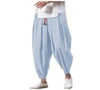 ZDSUHYIW Pantalones harén para hombre de lino japonés, pantalones anchos de lino con cordón, pantalones harén ligeros Goa, pantalones harén, pantalones de yoga, cómodos, pantalones de entrenamiento