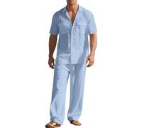 ZDSUHYIW Ropa de lino para hombre, ropa de verano, ropa de verano, ropa de dos piezas, informal, camisa de verano de 2 piezas y pantalones largos, traje de ocio, juego de entrenamiento de dos piezas
