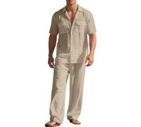ZDSUHYIW Ropa de lino para hombre, ropa de verano, ropa de verano, ropa de dos piezas, informal, camisa de verano de 2 piezas y pantalones largos, traje de ocio, juego de entrenamiento de dos piezas