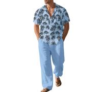 ZDSUHYIW Traje de lino para hombre, traje de verano holgado, camisa hawaiana y pantalones de chándal, camisa de verano de 2 piezas y pantalones largos, traje de ocio, juego de entrenamiento hawaiano