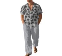 ZDSUHYIW Traje de lino para hombre, traje de verano holgado, camisa hawaiana y pantalones de chándal, camisa de verano de 2 piezas y pantalones largos, traje de ocio, juego de entrenamiento hawaiano