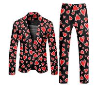 ZDSUHYIW Traje de San Valentín para hombre con estampado de corazón, 2 piezas, corte ajustado, traje de hombre divertido amor corazón estampado slim fit boda trajes hombres modernos trajes festivos