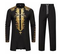 ZDSUHYIW Traje formal africano Dashiki para hombre, traje musulmán, camisa y pantalones de manga larga, conjunto de dos piezas, trajes tribales tradicionales, caftán para hombre, largo tóbe, Negro ,