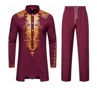 ZDSUHYIW Traje formal africano Dashiki para hombre, traje musulmán, camisa y pantalones de manga larga, conjunto de dos piezas, trajes tribales tradicionales, caftán para hombre, largo tóbe, rojo, L