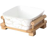 ZDUD Ensaladeras de vidrio, tazones for mezclar, tazón postre ensalada cerámica cuadrado con patrón dorado simple nórdico, plato frutas sopas y ensaladas madera creativas(White)