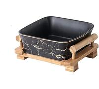ZDUD Ensaladeras de vidrio, tazones for mezclar, tazón postre ensalada cerámica cuadrado con patrón dorado simple nórdico, plato frutas sopas y ensaladas madera creativas(Black)