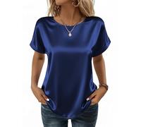 Zeagoo Blusa de Satén Mujer Casual Cuello Redondo Top Manga Corta Suelta Camisa de Seda Básicas Sólido Camisetas Elegante Verano Tshirt Azul marino XL
