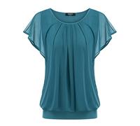 Zeagoo Blusa para Mujer de Batwing, de Manga Corta, túnica, Flores, Malla, Cuello Redondo, Camiseta, Blusa, Azul Turquesa, L