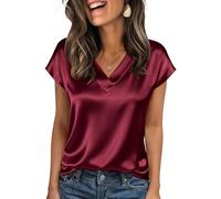 Zeagoo Blusa satén Mujer Cuello en V Manga Corta Tops de Seda Elegantes Camisas de Negocios de Manga Corta Blusa de Seda de Verano Vino Tinto XL