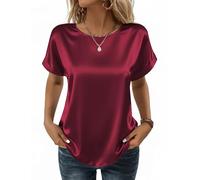 Zeagoo Blusas Mujer de Satén Elegantes Cuello Redondo Top Oficina Sólido Camisetas Manga Corta Casual Camisa de Seda Suelta Verano Camisa Vino Tinto XL