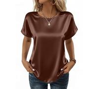 Zeagoo Camisas de Satén para Mujer Cuello Redondo Suelta Blusas Manga Corta Elegante Tops de Seda Básica Sólido Camiseta Casual Verano Tshirt Marrón XL