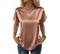 Zeagoo Camisas Mujer de Satén Casual Cuello Redondo Blusa Manga Corta Suelta Top de Seda Elegante Verano Tshirts Básicas Color Sólido Camiseta Camel L