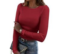 Zeagoo Camiseta de Manga Larga T Shirt Escote Cuadrado Top Punto Casual Básico Túnica Tops Elegantes Elasticidad Pullover Shirt Burdeos M