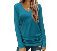 Zeagoo Camiseta larga para mujer, cuello en V, manga larga, elegante, holgada, Verde azulado #, XXL