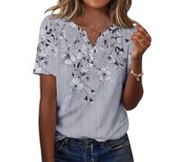 Zeagoo Camiseta Manga Corta Mujer de Verano con Cuello V Blusas Moda Casual Túnica Camisa Básica Elegante y Ajustada tee Shirt Ligero Elástica Tops Flores Grises M
