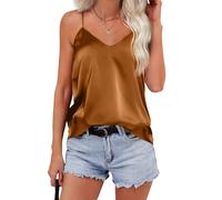 Zeagoo Camiseta sin mangas de seda para mujer, camiseta de satén con cuello en V, sin mangas, con tirantes ajustables, camiseta básica para verano, tallas S-XXL, marrón, M