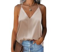 Zeagoo - Camiseta sin mangas para mujer, satinada, elegante y chic, estilo caraco, suelta, para verano, con tirantes de espagueti, sexy, con cuello en V, color champán, talla L