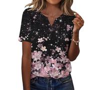 Zeagoo Camiseta Verano Mujer Elegantes con Cuello V Blusas Moda Casual Túnica Camisa Manga Corta Basicas T-Shirt Ligero Elástica Tops Negro Rosa L