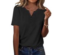 Zeagoo Camisetas de Manga Corta para Mujer Verano con Cuello V Blusas Moda Casual Túnica Camisa Elegantes Basicas T-Shirt Ligero Elástica Y Botones Top Negro M