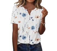 Zeagoo Camisetas de Verano para Mujer Manga Corta con Cuello V Blusas Moda Casual Camisa Elegantes Túnica Basicas T Shirt con Estampado Floral Flores Blanco L