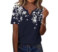 Zeagoo Camisetas Mujer Verano Manga Corta con Cuello V Blusas Moda Casual Túnica Camisa Elegante Basicas T-Shirt Ligero Elástica Top Flor Azul Marino XXL