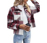 Zeagoo Chaqueta Corta a Cuadros para Mujer Shacket Abrigo Chaqueta Otoño Invierno Chaqueta de Transición Camisa de Franela Burdeos Talla XXL