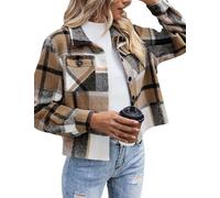 Zeagoo Chaqueta Corta de Franela a Cuadros Con Botones para Mujer Manga Larga Chaqueta de Transición Solapa Shacket abrigo Marrón S