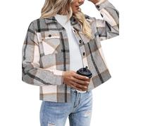 Zeagoo Chaquetas de Otoño para Mujer Camisa de Leñador a Cuadros Chaqueta Corta a Cuadros Camisa de Franela de Invierno Shacket abrigo Gris Talla XL