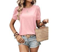 Zeagoo Donna T-Shirt Estiva Manica Corta Elegante Girocollo Top Basico Casual Monocolore Blusa con Maniche a Sbuffo Tshirt Rosa Claro L