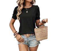 Zeagoo Donna T-Shirt Estiva Manica Corta Elegante Girocollo Top Basico Casual Monocolore Blusa con Maniche a Sbuffo Tshirt Negro L