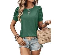 Zeagoo Donna T-Shirt Estiva Manica Corta Elegante Girocollo Top Basico Casual Monocolore Blusa con Maniche a Sbuffo Tshirt Verde Militar XL