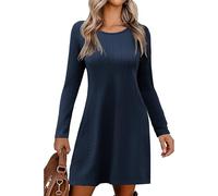 Zeagoo Mujer Vestido Cuello Redondo Vestido de Punto Manga Larga Canalé Túnicas Midi Elástico Casual Vintage Otoño Vestir Azul Marino, L