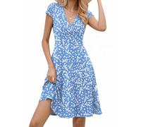 Zeagoo Mujer Vestido de Flores Vestido de Verano con Cuello en V y Mangas Cortas Vestidos Imperio de Jersey de Largo Medio Azul Blanco L