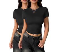 Zeagoo Pack de 2 Camisetas para Mujer Ajustador Manga Corta Camiseta Verano Casual T-Shirt Sexy Sólido Básica Top Cómoda Shirt Negro Set XS