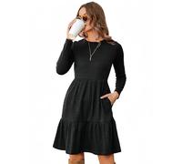 Zeagoo Señoras Vestido de Punto Elegante Vestido Casual de Un Color Manga Larga Longitud de la Rodilla Suéter-Vestido de Tejido Cuello Redondo Una Línea Suave Cómodo Jersey-Vestido Negro XL
