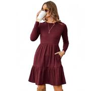 Zeagoo Señoras Vestido de Punto Elegante Vestido Casual de Un Color Manga Larga Longitud de la Rodilla Suéter-Vestido de Tejido Cuello Redondo Una Línea Suave Cómodo Jersey-Vestido Rojo XL