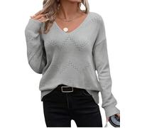 Zeagoo Suéter de Crochet para Mujer Elegante Cuello en V Suéter de Punto Manga Larga Acalado Tejido de Otoño e Invierno con Diseño de Trenzas Gris Claro XL