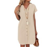 Zeagoo Vestido Blusa Mujer Manga Corta Verano Algodon y Lino Vestido Corto Vestidos de Playa con Bolsillos Liso Cuello en V Vestidos Marrón Claro XXL