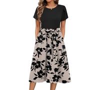 Zeagoo Vestido de Verano para Mujer Cortas Mangas Vestidos Redondo Midi | Vestido de Playa Vestidos Casuales | Vestido Estampado de Flores | con Bolsillos